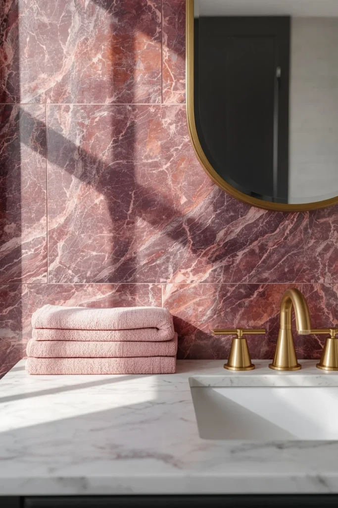  bathroom backsplash detail, featuring Afyon Violet marble