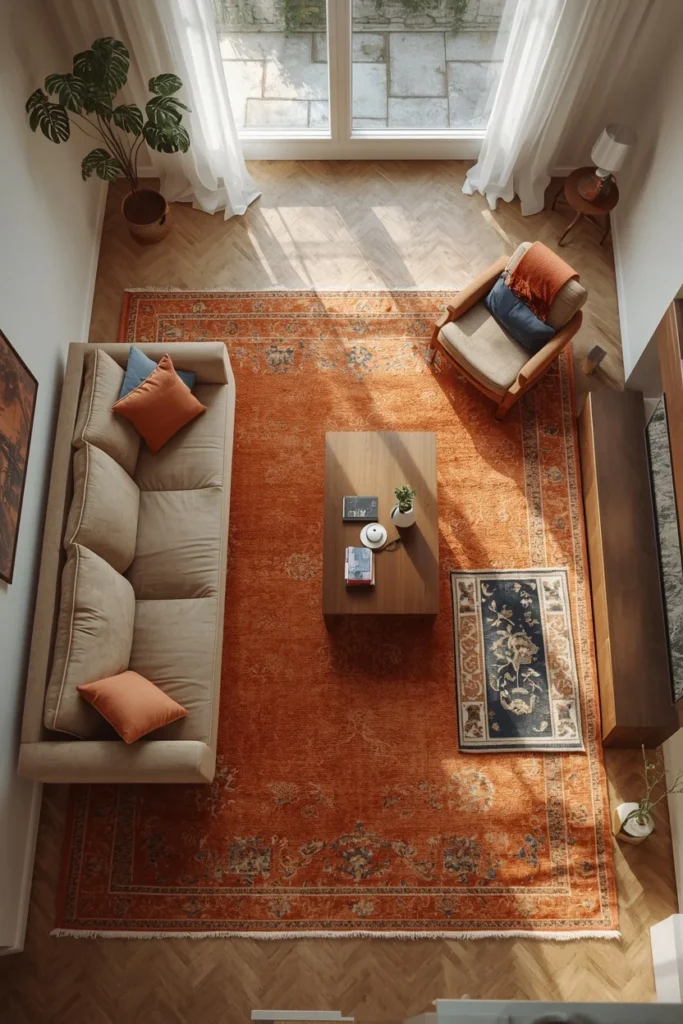 23 Rental Apartment Decor Ideas That Look Like You Actually Own the Place 12 studio apartment, featuring a large terracotta area rug
