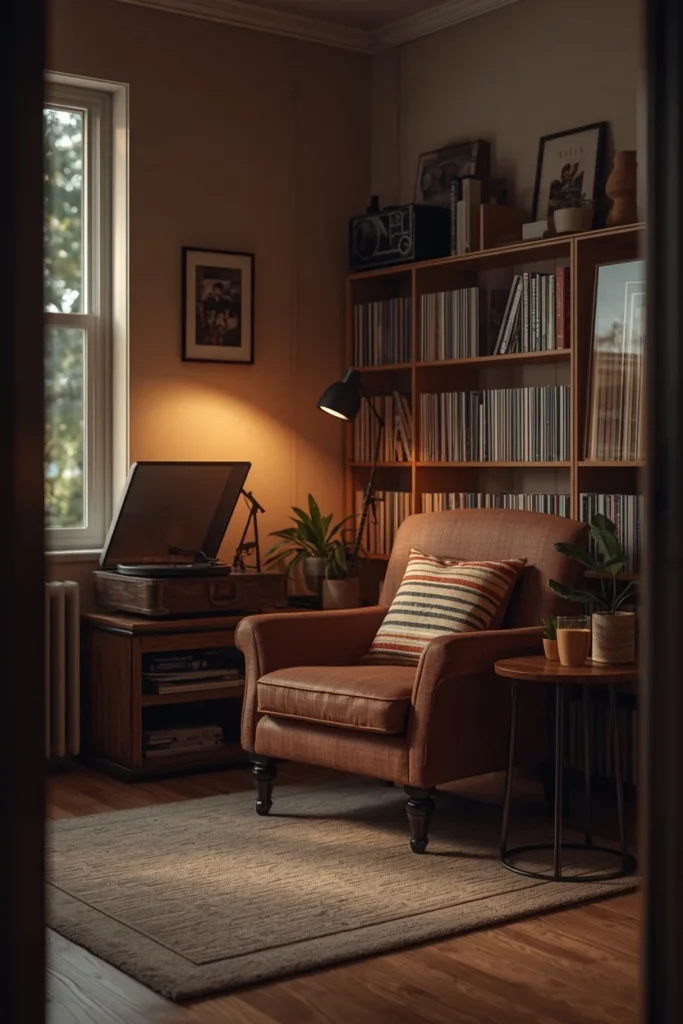 she shed music lounge, featuring a comfortable armchair 