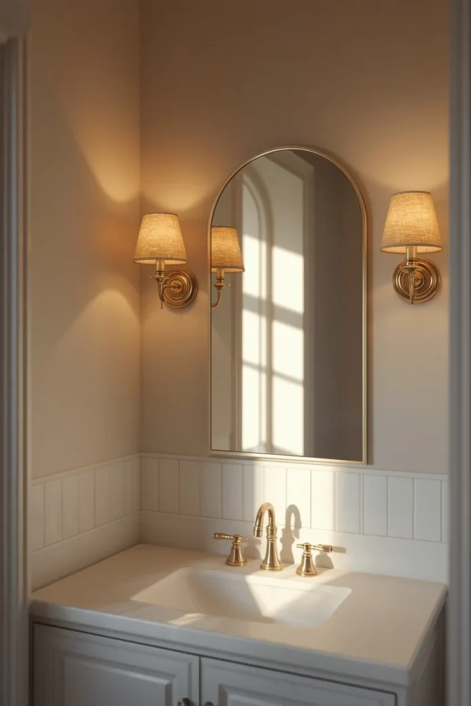 18 Small Bathroom Ideas That Pack Maximum Style Into Minimal Space 12 small bathroom, featuring warm brass sconces with fabric shades