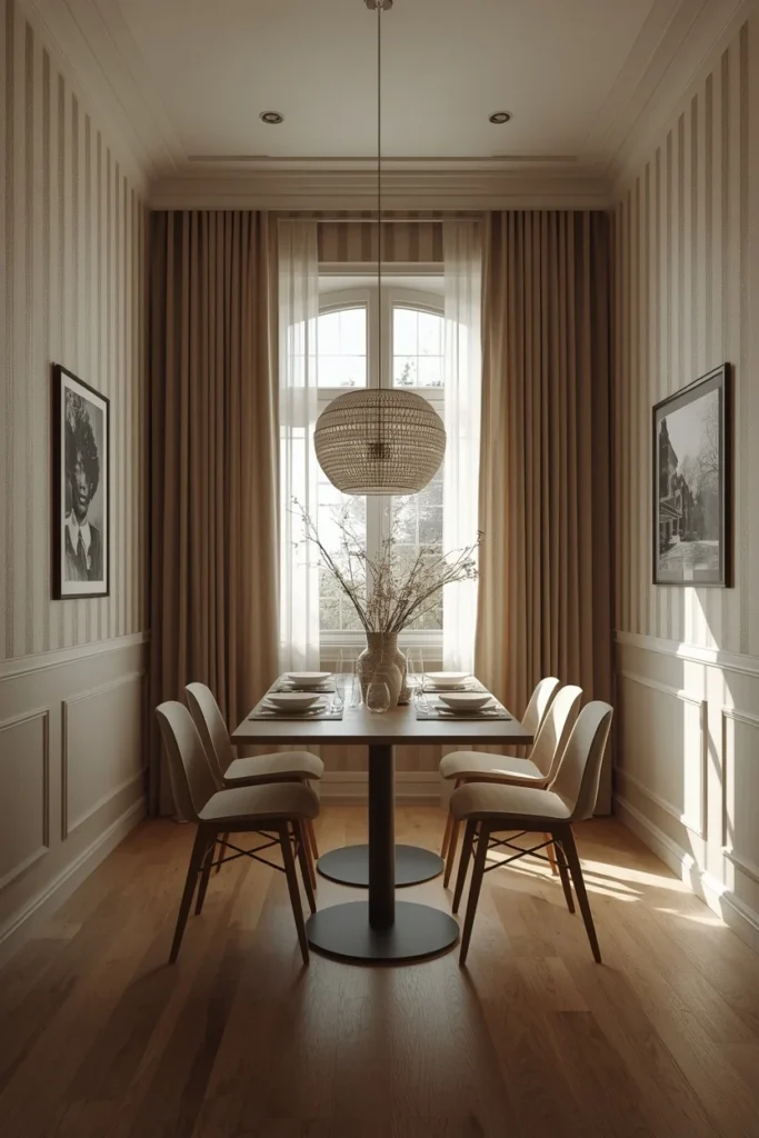 19 Small Dining Room Ideas That Are Big on Style & Even Bigger on Charm 12 small dining room, featuring vertical striped wallpaper behind the dining table