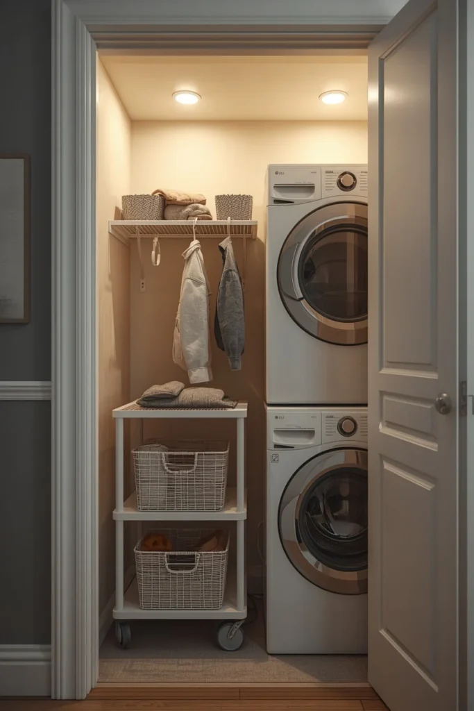 21 Small Laundry Room Ideas That Pack Function & Style Into Every Inch 12 apartment laundry closet, featuring a white rolling storage cart