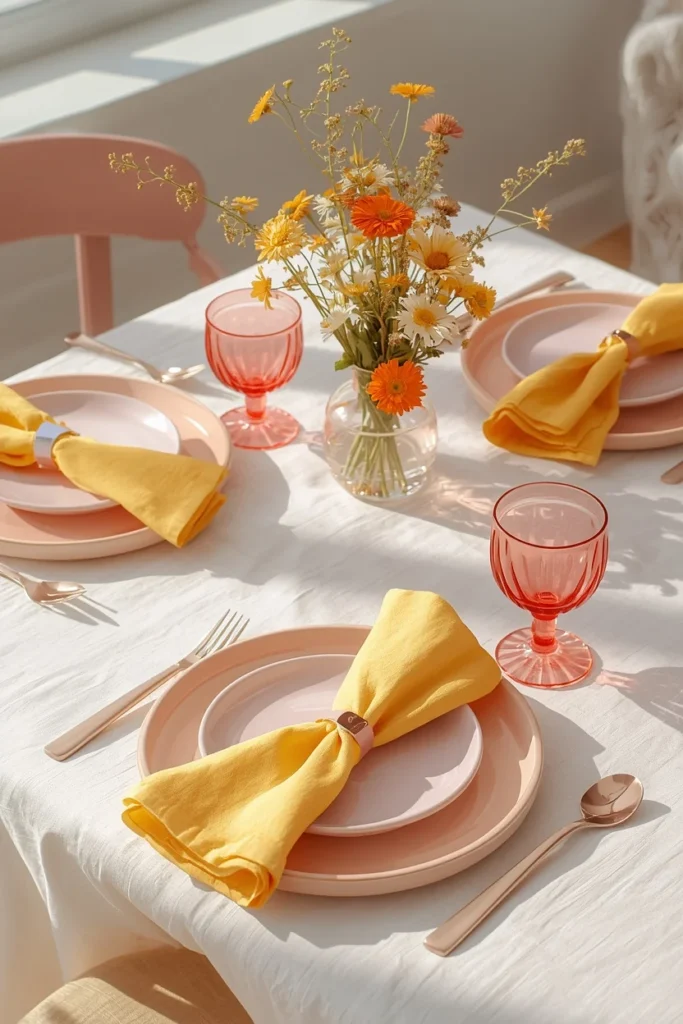 16 Spring Tablescape Ideas That Make Every Meal Feel Like a Garden Party 12 spring table featuring bold pastel color blocking with buttercup yellow linen napkins