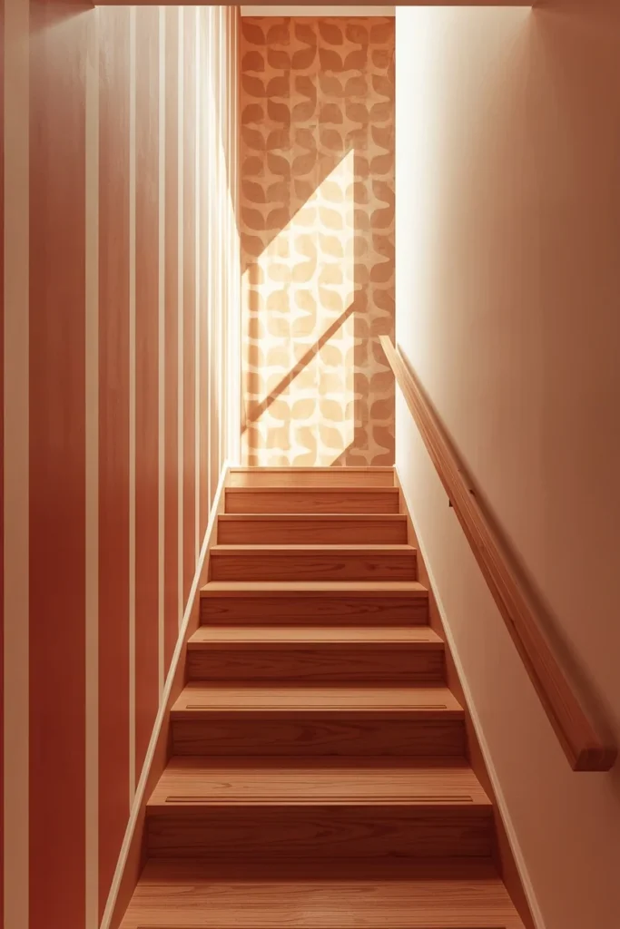 staircase, featuring a bold large-scale patterned wallpaper