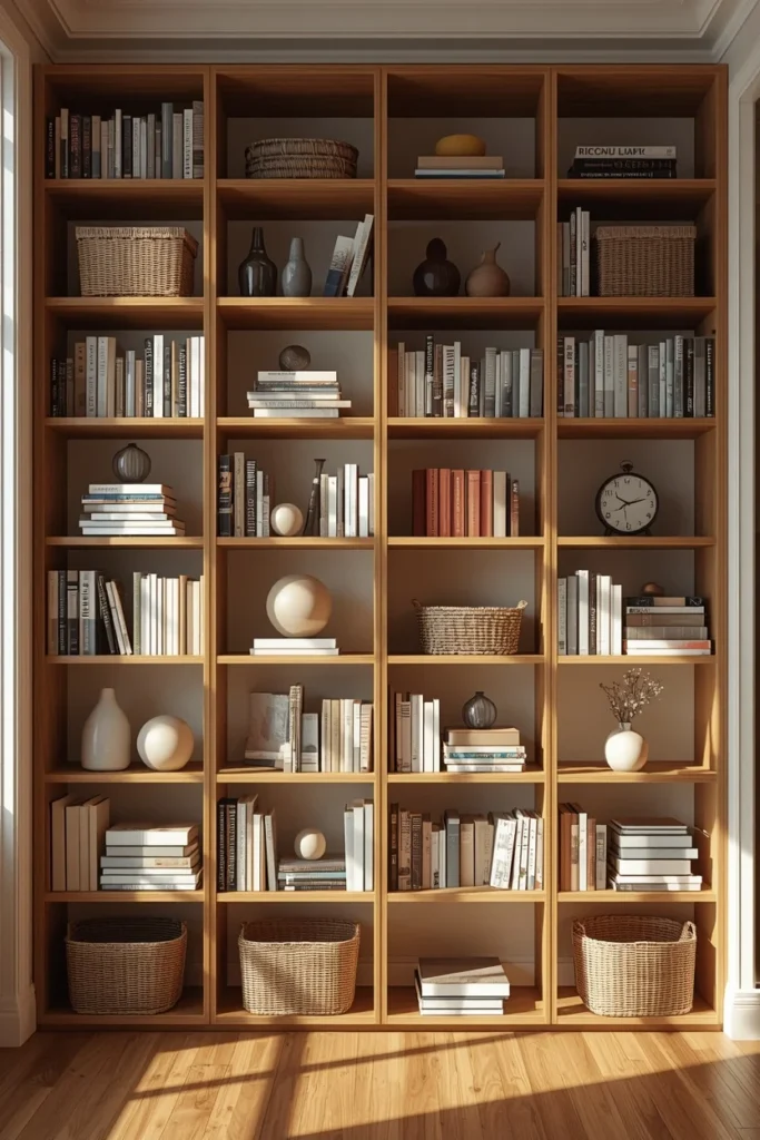  studio apartment, featuring a floor-to-ceiling wooden shelving