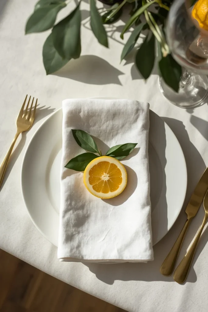  dining table place setting close-up, featuring a folded white linen napkin
