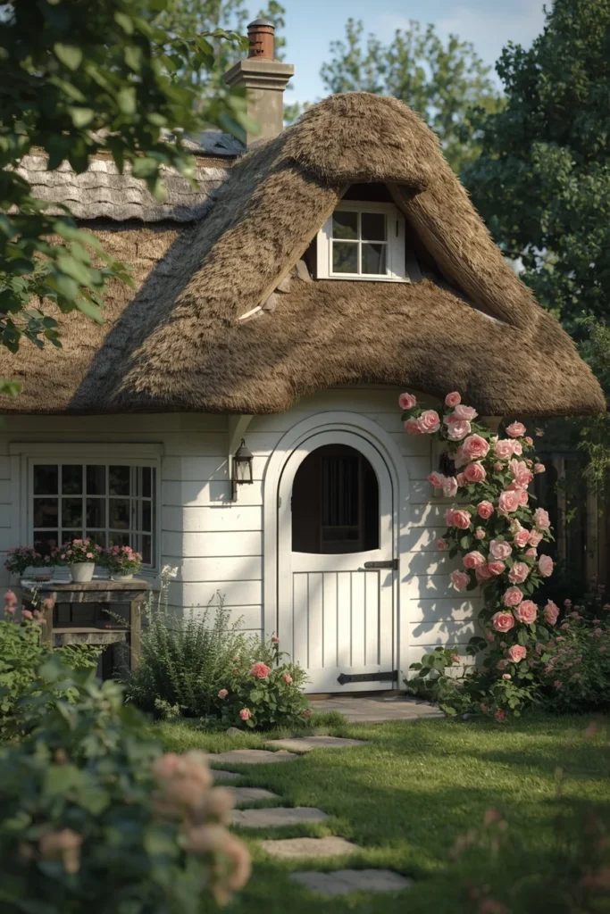 19 Summer House Ideas That Make Your Garden Feel Like a Vacation Destination 12 cottage-style summer house, featuring a thatched roof