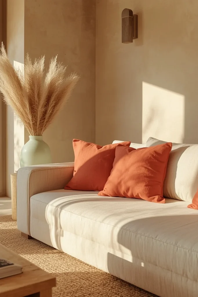  summer house living room, featuring warm coral and terracotta accent pillows