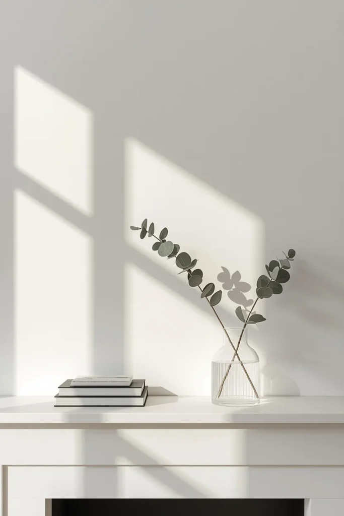 fireplace mantel, featuring a single simple eucalyptus stem in a clean glass vase,
