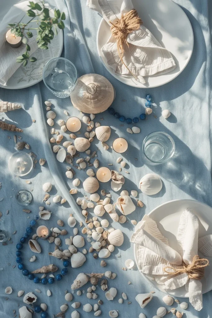 coastal summer table featuring scattered seashells