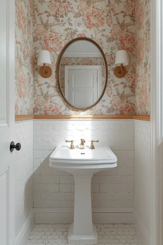 small powder room, featuring white scalloped fish-scale tile