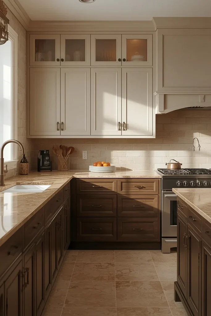 traditional kitchen, featuring greige upper cabinets and deep espresso lower cabinets,