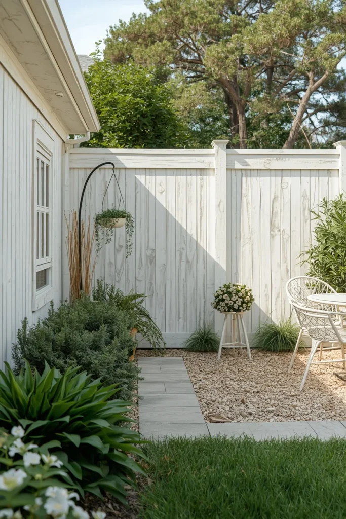 coastal cottage backyard exterior, featuring a whitewashed wood privacy fence