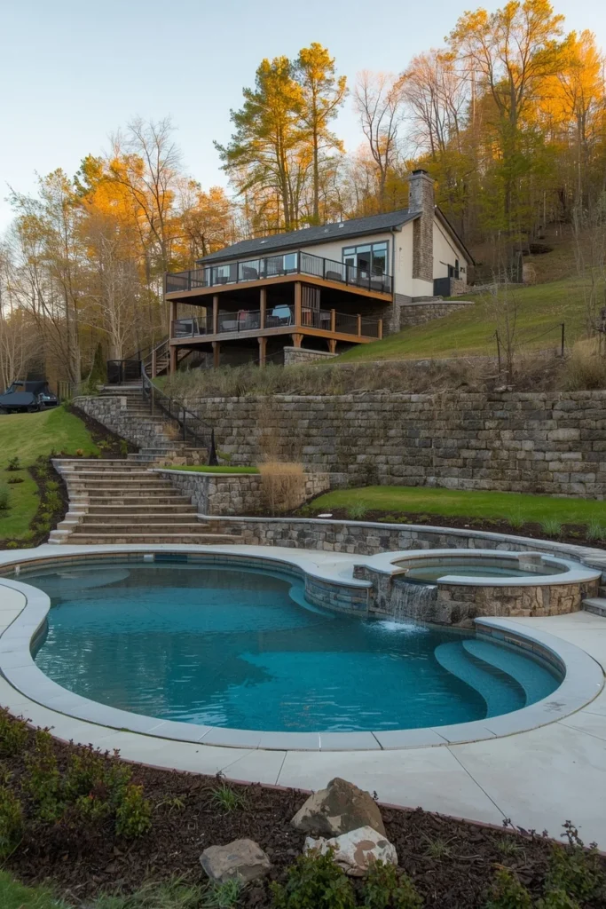 emi-inground pool built into a sloped backyard hillside