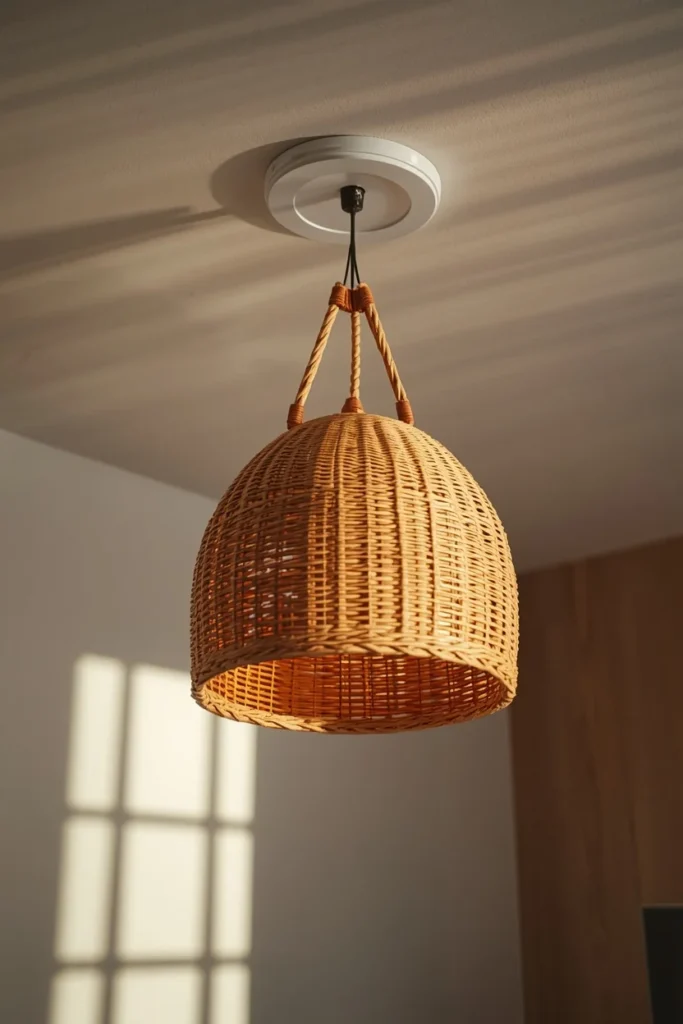 25 Apartment Living Room Ideas That Are Stylish, Smart and Totally Renter-Safe 13 DIY basket pendant light in an apartment living room,