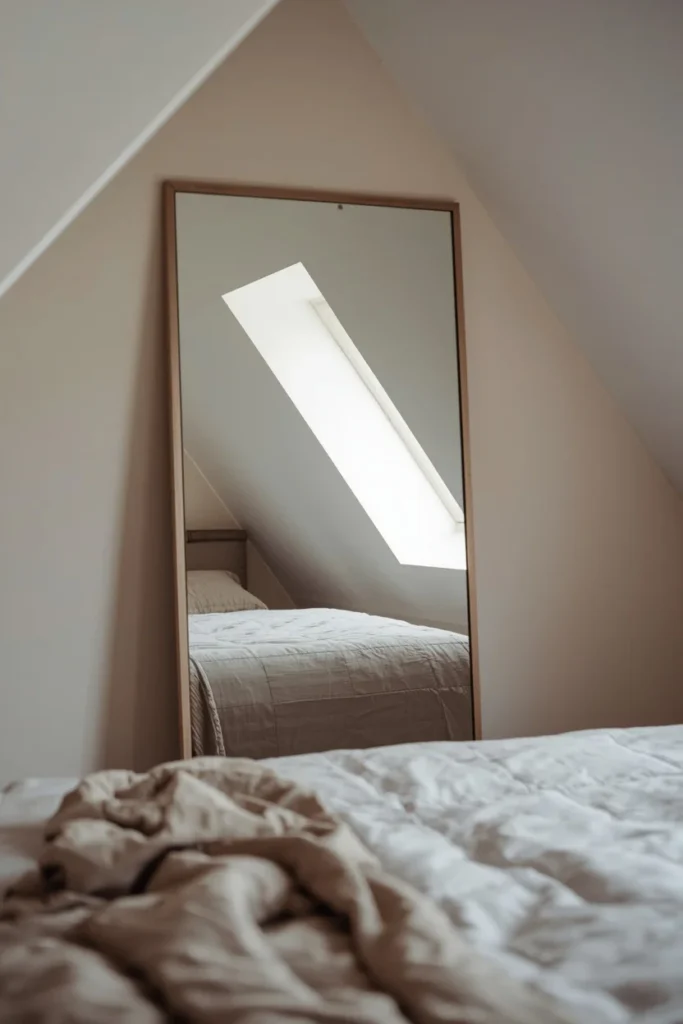  attic bedroom shot, featuring a large simple-framed mirror 