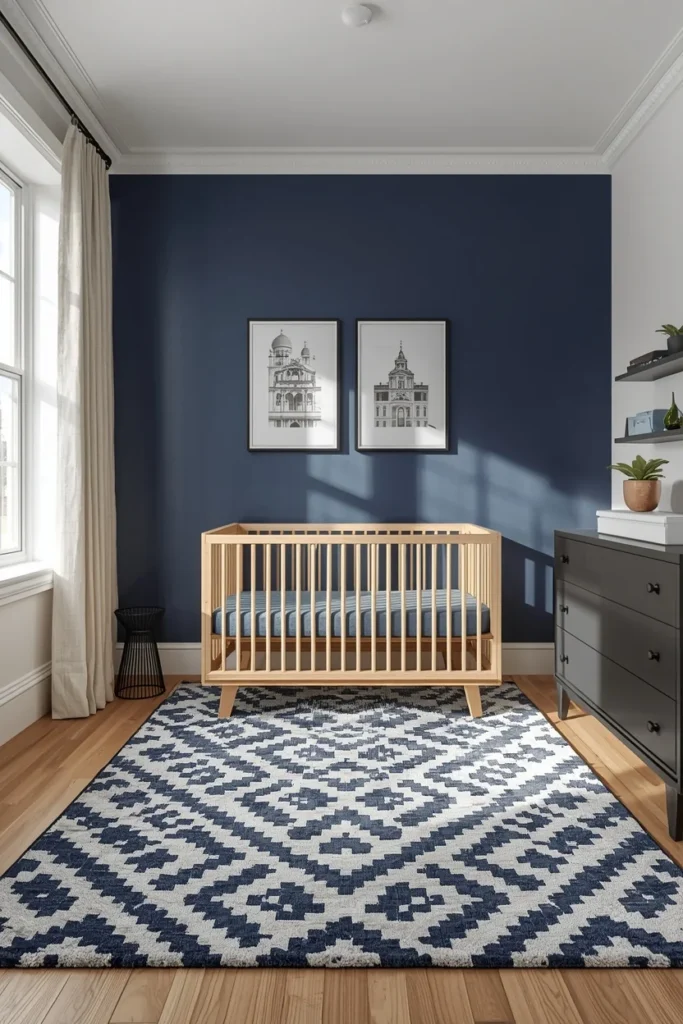 18 Baby Boy Nursery Themes That Are Cute, Creative & Absolutely Charming 13 baby nursery, featuring a deep navy accent wall