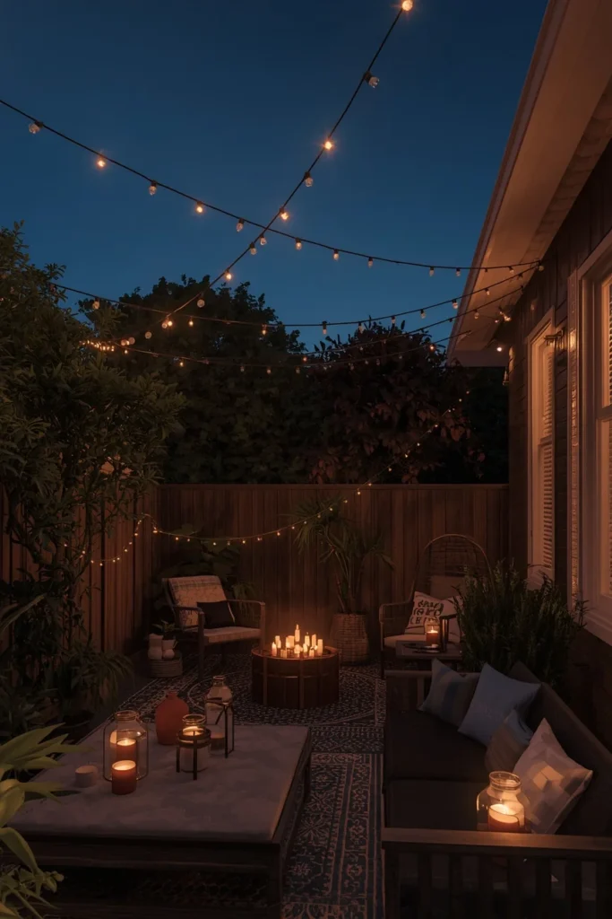 17 Back Patio Ideas That Transform Any Outdoor Space Into a Cozy Retreat 13 backyard patio at night, featuring crisscrossed string lights overhead