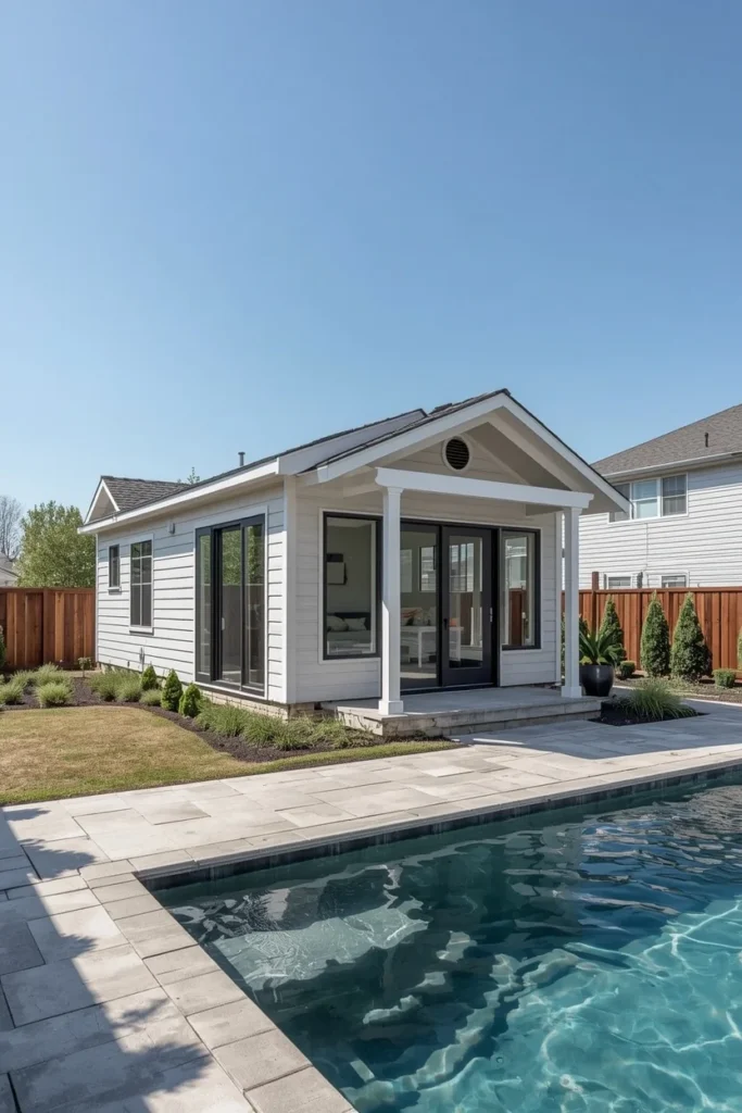 prefab pool house structure, featuring clean modern siding