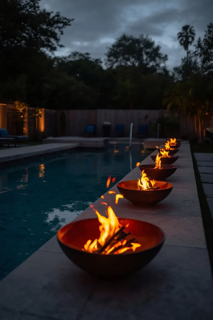 backyard pool, featuring a row of linear fire bowls along a low wall 