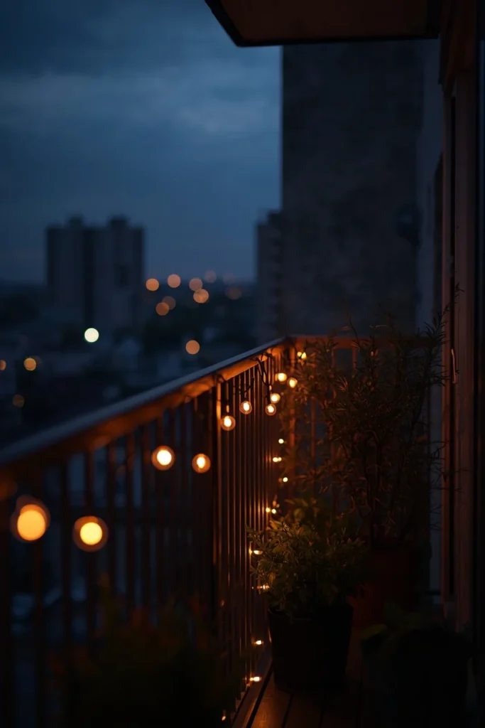 25 Balcony Ideas That Turn Even the Smallest Outdoor Space Into a Retreat 13 small balcony at dusk, featuring warm string lights