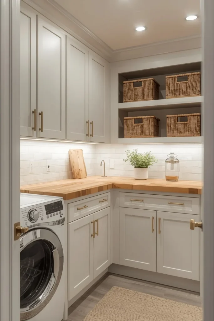 basement laundry zone, featuring white cabinetry with brass hardware, 