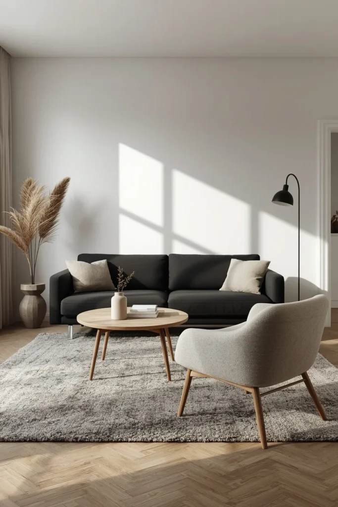  living room, featuring a black sofa with a light oak coffee table 