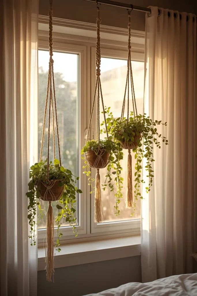 bedroom window shot, featuring two or three trailing plants
