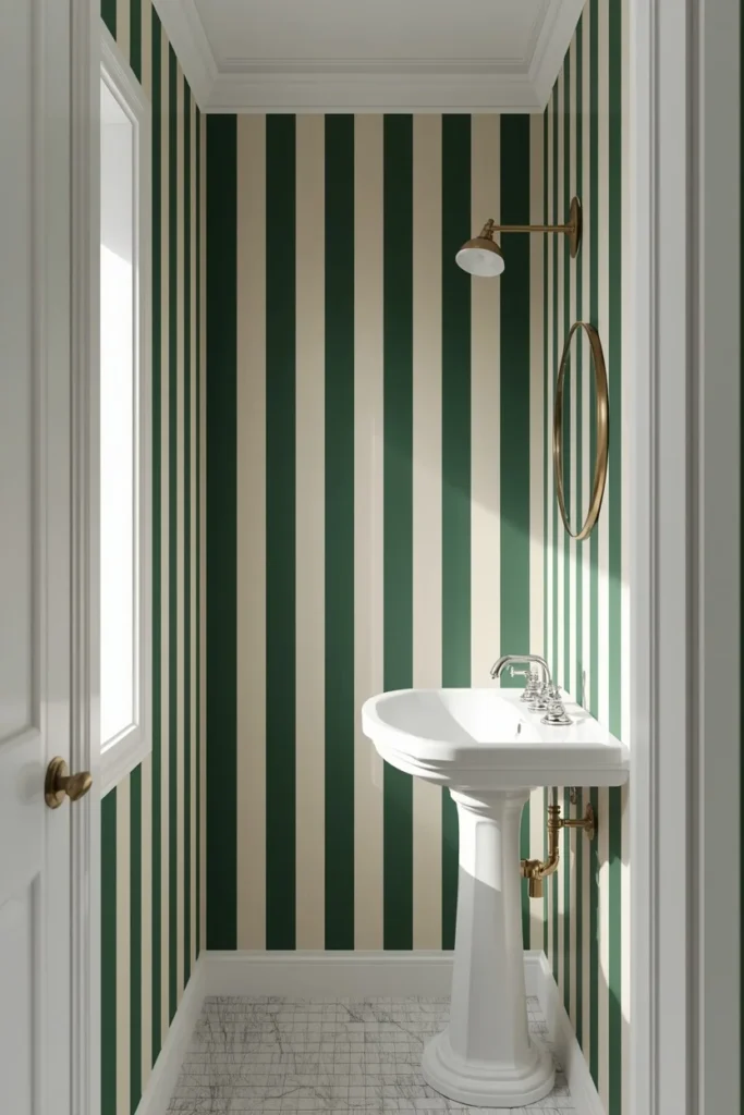 small bathroom, featuring bold forest green and cream vertical stripe wallpaper
