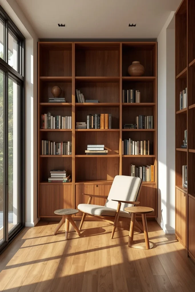 24 Dream Home Library Ideas That Are So Beautiful They'll Take Your Breath Away 13 mid-century modern home library, featuring open walnut wood shelving