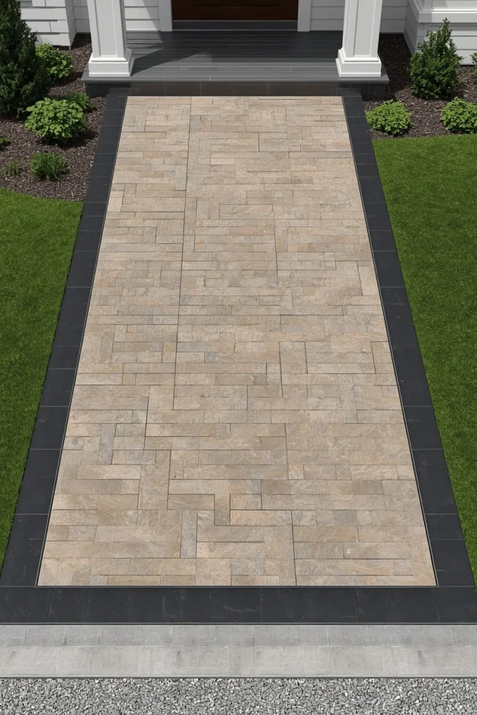 modern farmhouse exterior, featuring a herringbone paver driveway