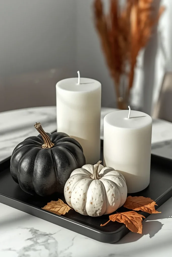 16 Fall Table Decor Ideas That Turn Every Dinner Into an Autumn Celebration 13 fall centerpiece featuring a mix of black and white pumpkins