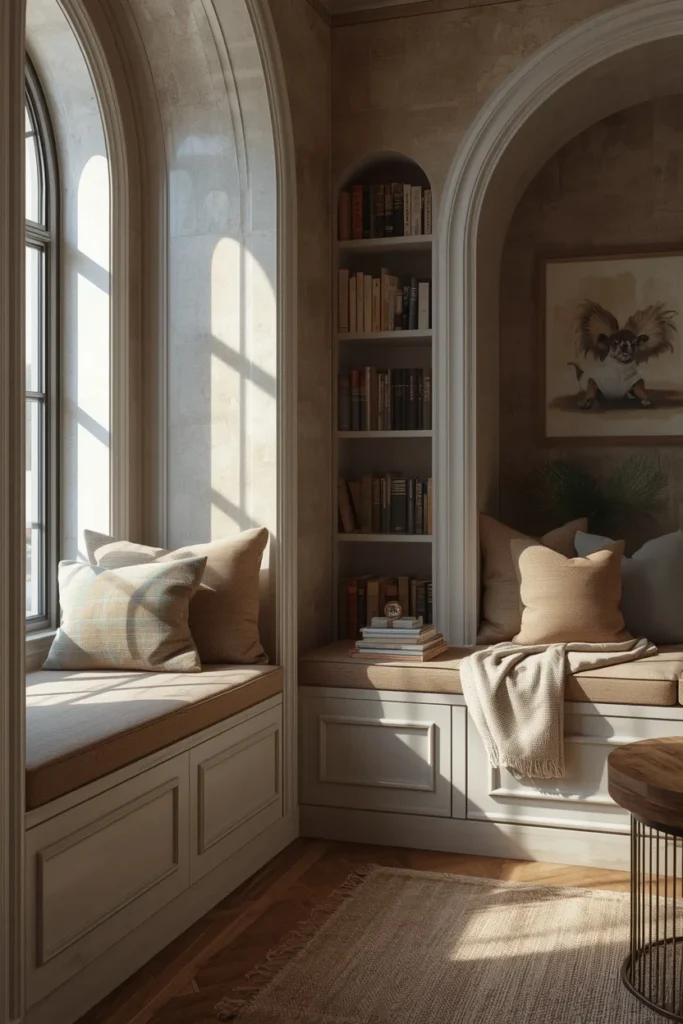  family room, featuring built-in cushioned bench seating