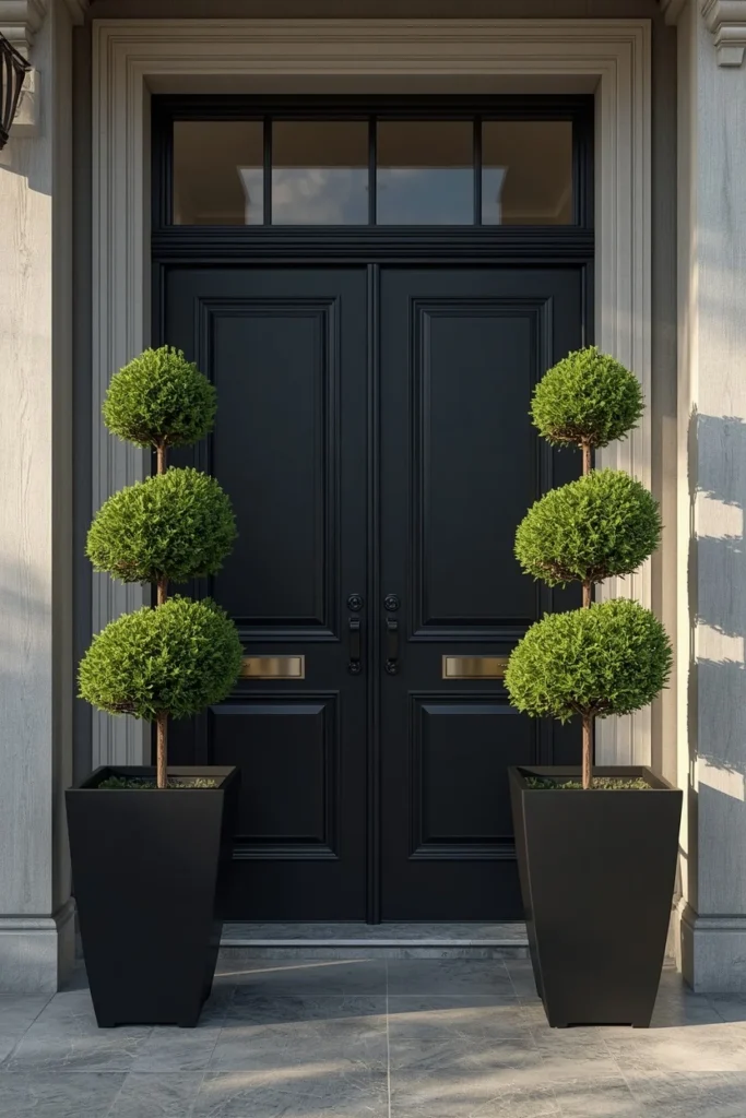 22 Front Porch Flower Ideas That Make Your Home's Entrance Bloom Beautifully 13 pair of tall black planters holding neatly trimmed spiral topiary trees,
