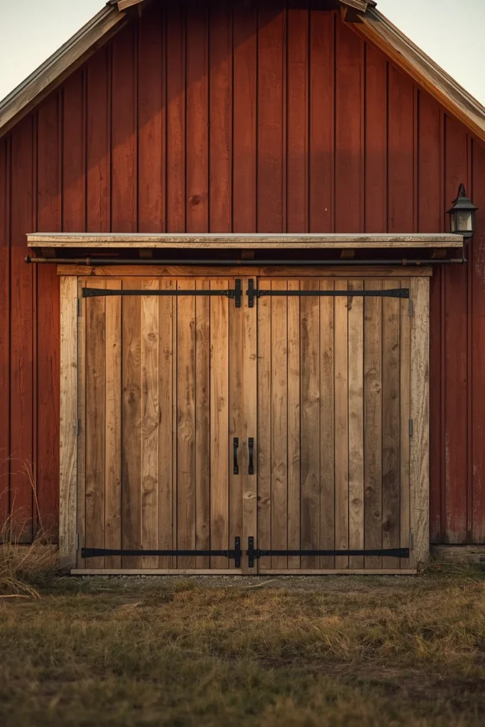 rustic farmhouse exterior with a red barn in the background, featuring a board-and-batten garage door
