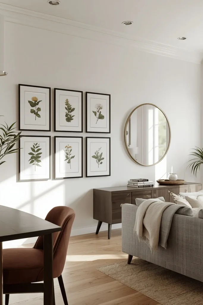 20 Genius Ways to Connect Your Living & Dining Room Seamlessly & Stylishly 13 open concept room, featuring a gallery wall of black-framed botanical prints