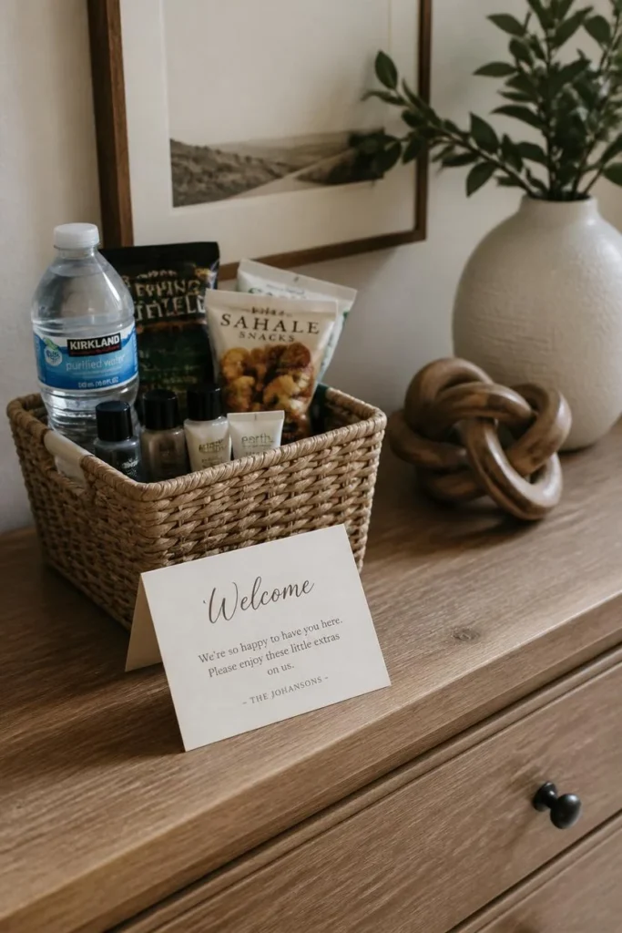 guest bedroom dresser, featuring a small woven basket 