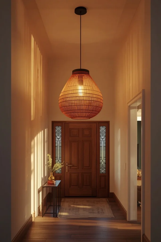 22 Home Entrance Decor Ideas That Make a Stunning First Impression Every Time 13 foyer entryway, featuring a sculptural woven pendant light