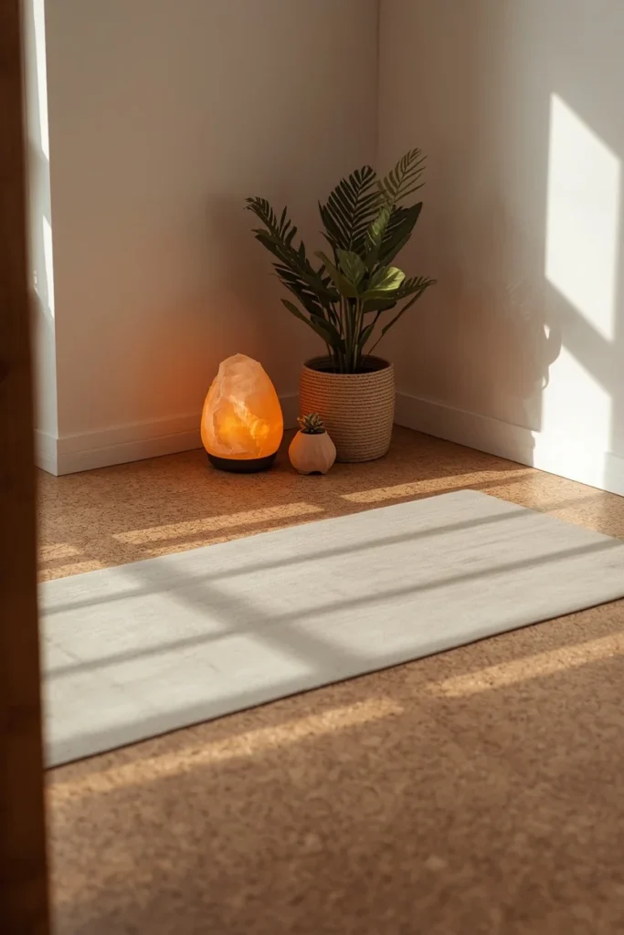 yoga corner within a home gym, featuring natural cork flooring,