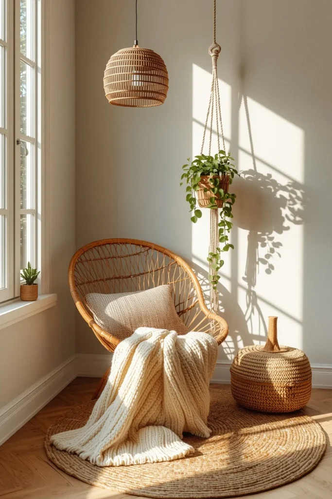 16 Home Library Aesthetic Ideas That Turn Any Corner Into a Reader's Paradise 13 boho reading corner, featuring a rattan peacock chair,