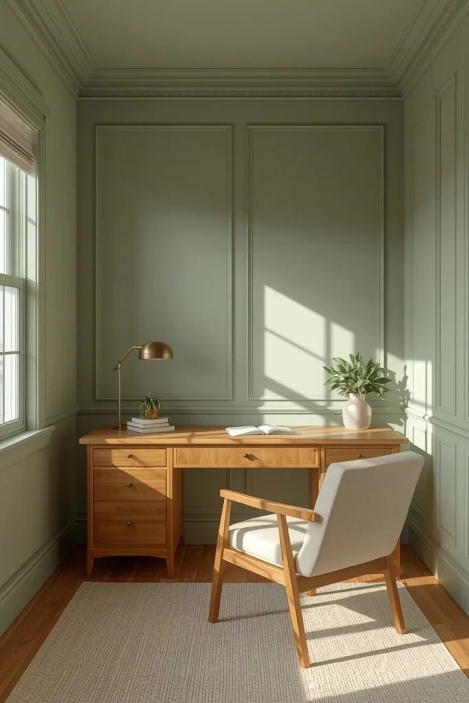  color-drenched home office, featuring sage green walls