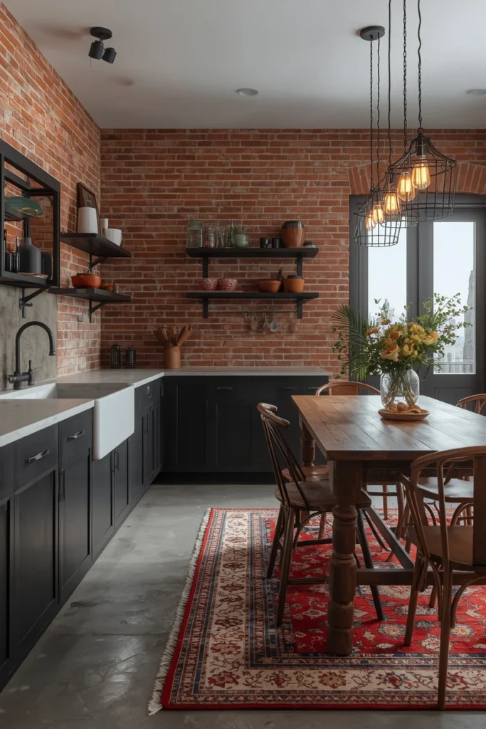 industrial farmhouse kitchen aesthetic, exposed warm red brick backsplash wall