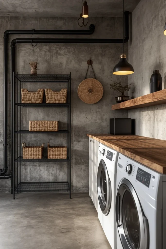 23 Laundry Room Design Ideas That Turn a Chore Space Into a Design Feature 13 industrial laundry room, featuring exposed black pipes along a concrete-look wall
