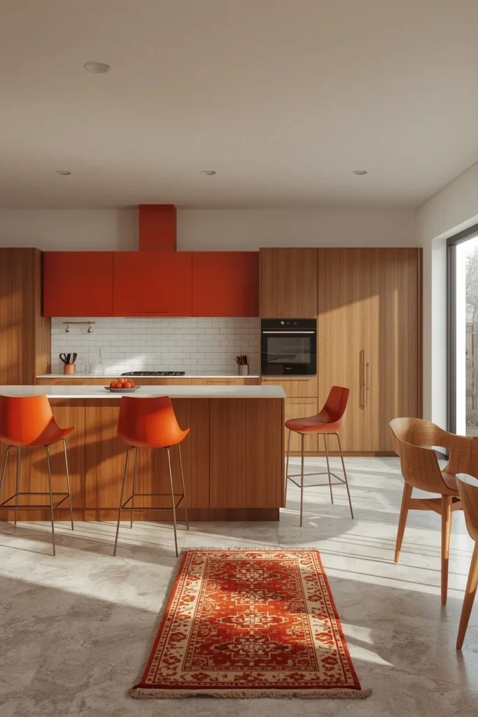 22 Mid Century Modern Kitchen Designs That Are Timeless & Stunning 12 mid century modern kitchen, featuring a burnt orange range hood a