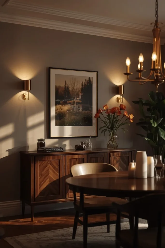 25 Modern Dining Room Ideas That Are Chic, Sleek & Totally Pin-Worthy 13 dining room, featuring brass wall sconces flanking a sideboard