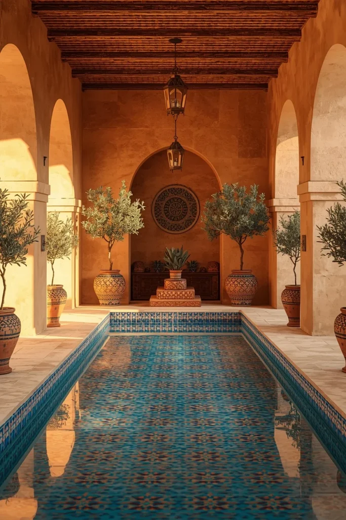 Mediterranean indoor pool room, rectangular pool interior 
