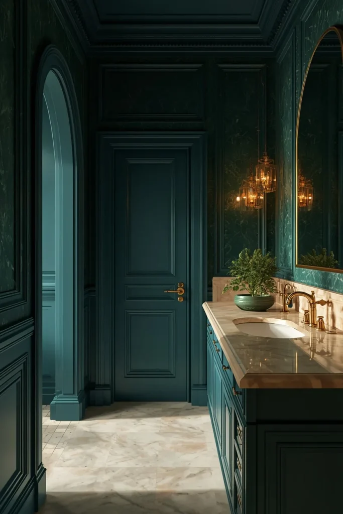 16 Moody Blue Bathroom Ideas That Feel Luxurious & Deeply Relaxing 13 glamorous bathroom, featuring deep blue-green jewel tone walls