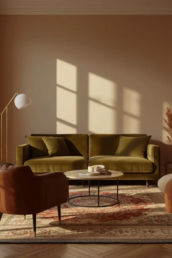 22 Moody Living Room Ideas That Are Rich, Dark & Incredibly Inviting 13 living room, featuring a deep olive green velvet sofa,