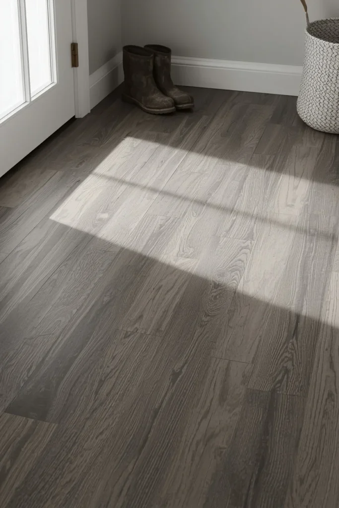 16 Mudroom Design Ideas That Make the Messiest Space in Your Home Look Amazing 12 mudroom floor featuring durable gray-toned luxury vinyl plank flooring