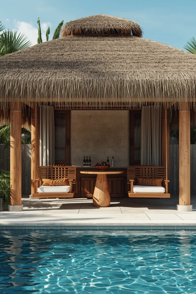 21 Pool House Ideas That Make Your Backyard Feel Like a Luxury Resort 13 tropical pool cabana, featuring a tiki hut with thatched roof